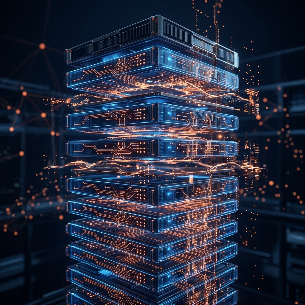 Abstract stacked server infrastructure representing scalable SaaS architecture